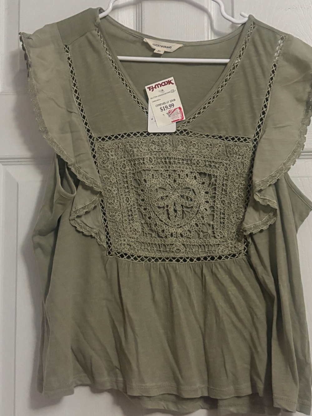 Lucky Brand Olive Crochet-Front Ruffle Camisole
